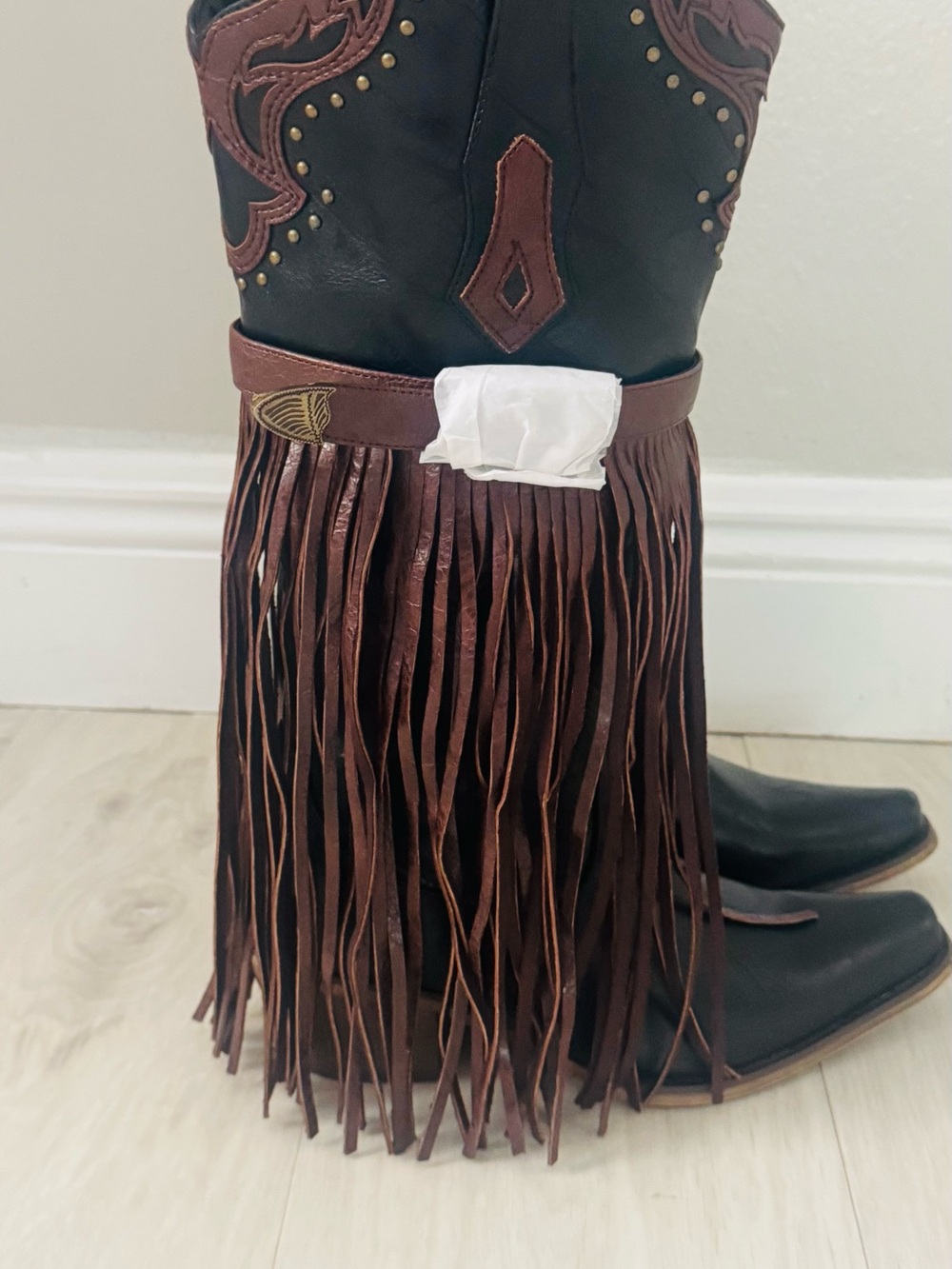Fringed Leather Boot Cuff - Brown